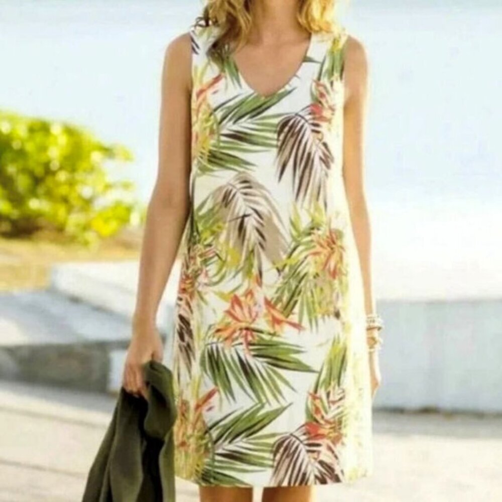 J. Jill Love Linen Floral Dress Size L Pockets Sheath Tiger Lily Coastal Tropics